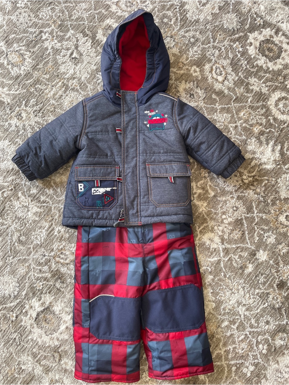 Kids Hooded Winter Jacket & Snow Pants Set - Navy Blue in person &
